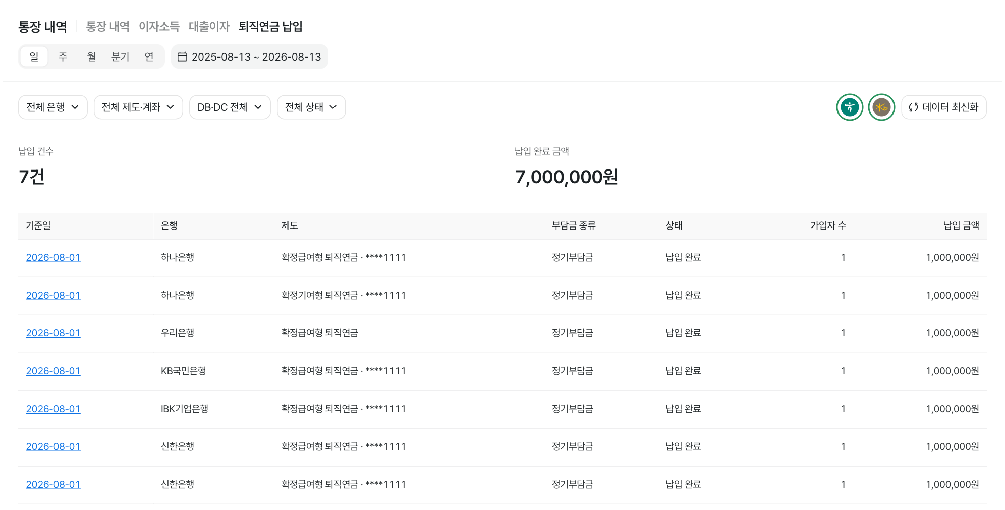 퇴직연금 납입 조회 화면 · 데모 데이터