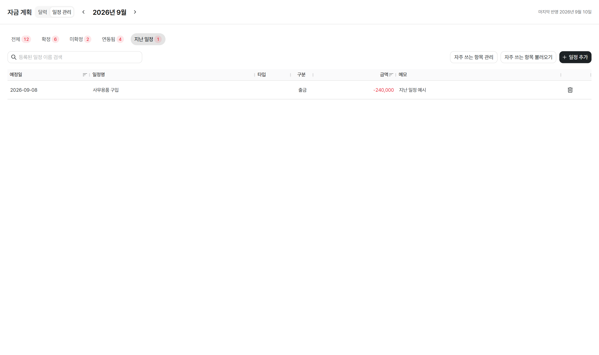 일정 관리에서 지난 일정만 조회한 화면