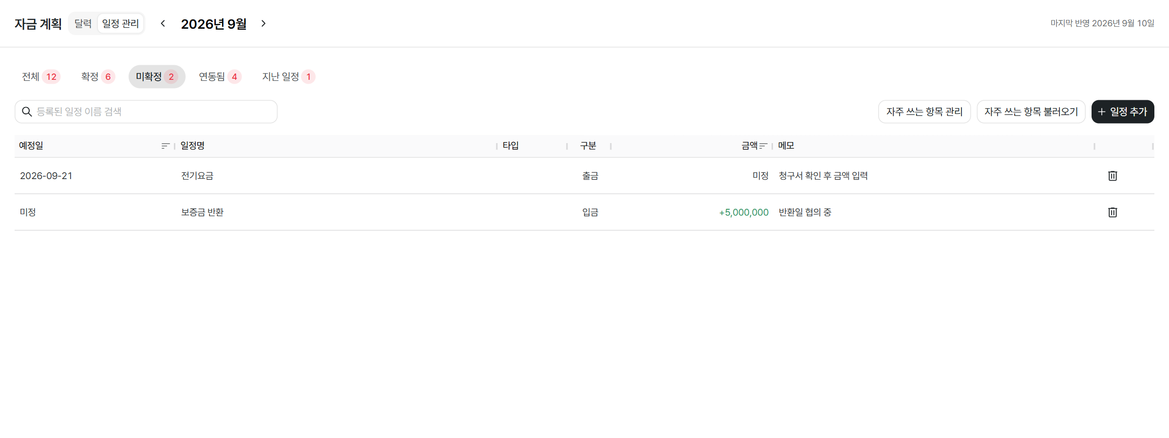 날짜 또는 금액이 비어 있는 미확정 일정