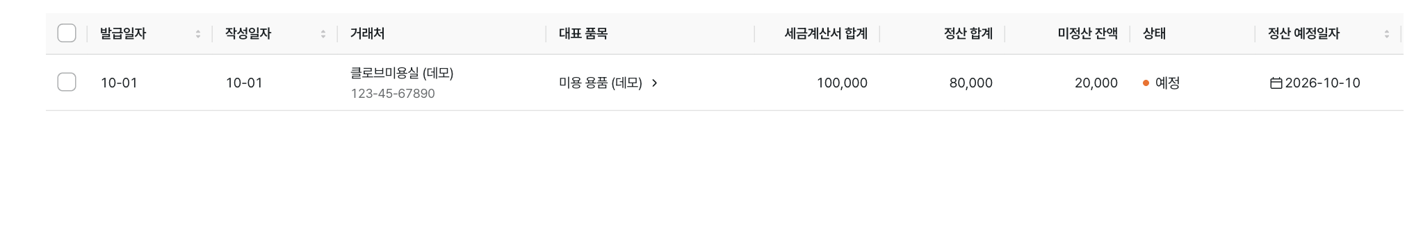 10만 원 중 8만 원 정산 후 2만 원이 남은 예시 · 데모 데이터
